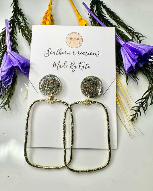 Mardi Grad glitter rectangle dangle earrings