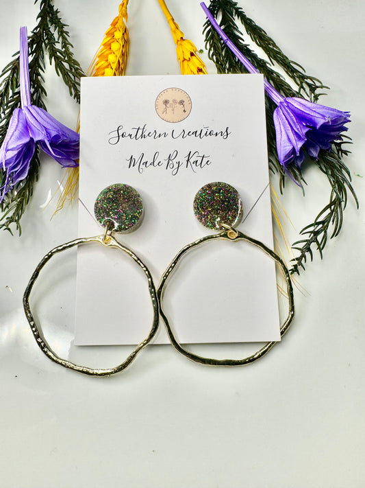 Mardi Gras glitter circle dangle earrings