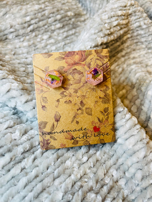 Pink Pressed Flower Stud Earrings